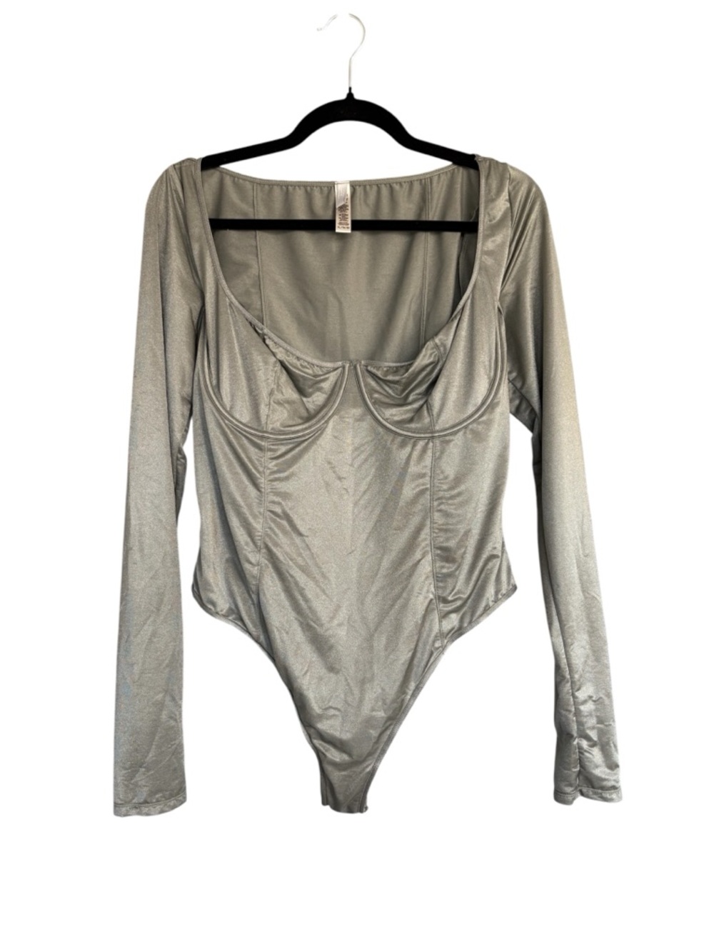 SKIMS Metallic Silver Long-Sleeve Bodysuit XL Underwire Bustier Shiny Stretch